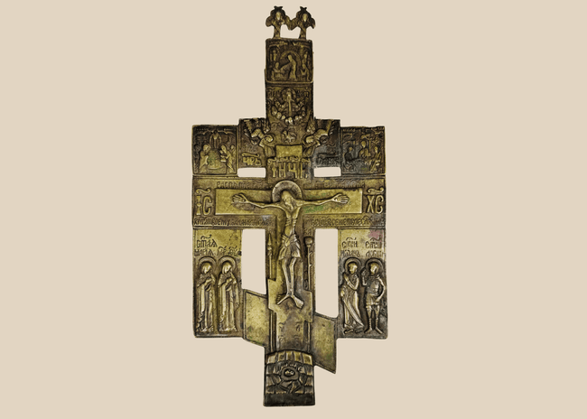 Large Imperial Russian Orthodox bronze devotional cross featuring the Crucifixion of Christ and Church Slavonic inscriptions.