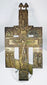 Antique Russian Orthodox bronze cross icon with high-relief crucifixion scene and religious figures, late 18th to early 19th century.