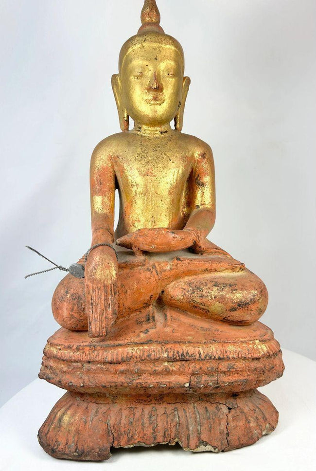 Large antique Burmese wooden monk statue with original lacquer and gilt, 19th century