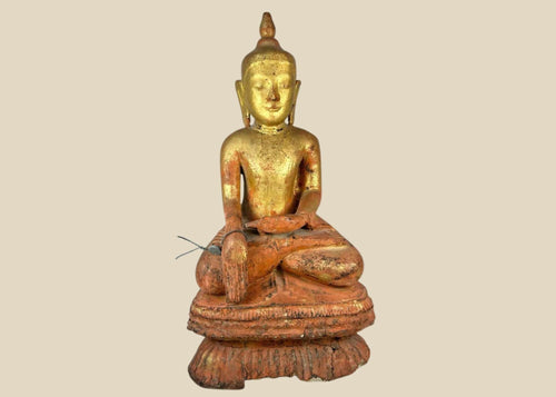 Large antique Burmese Shan-style Buddha statue with original gilt finish, seated in dhyana mudra on a tiered lotus base. 19th-century Southeast Asian devotional sculpture showing serene expression, aged surface, and traces of red lacquer beneath gold.