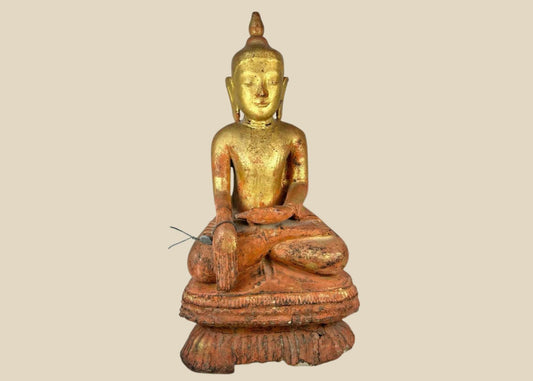 Large antique Burmese Shan-style Buddha statue with original gilt finish, seated in dhyana mudra on a tiered lotus base. 19th-century Southeast Asian devotional sculpture showing serene expression, aged surface, and traces of red lacquer beneath gold.