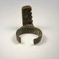 Ancient Roman functional ring key with rectangular locking bit, weathered bronze surface, and open rear band