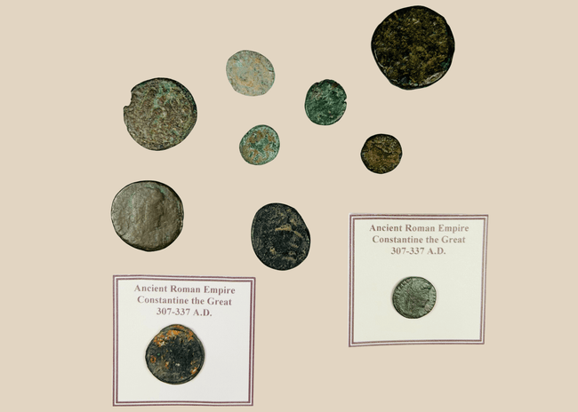 Ancient Roman coin of Constantine the Great showing imperial bust with aged patina