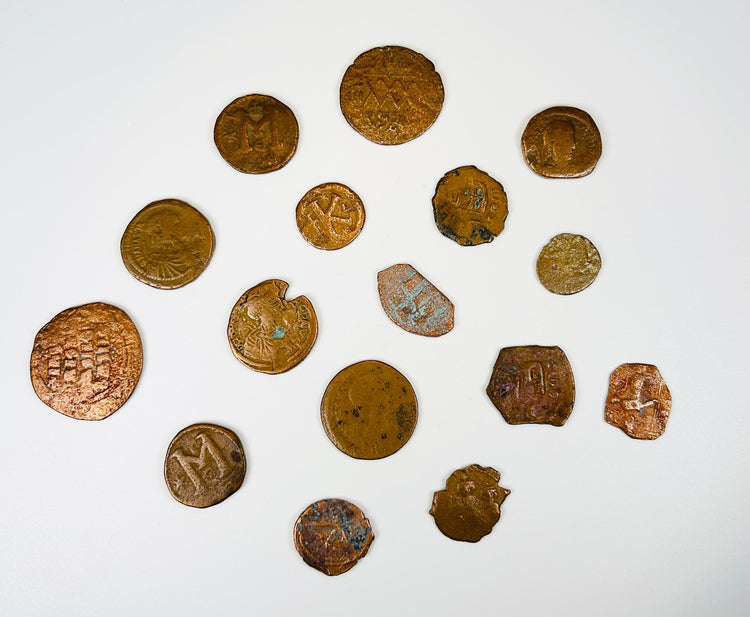 Late Roman and early Byzantine bronze coin lot showing imperial and Christian imagery