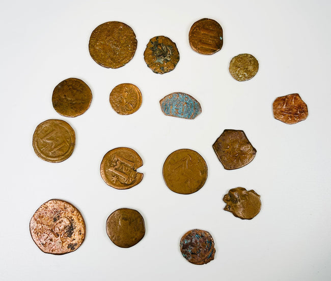Ancient coin lot from 3rd to 7th century showing transition to Christian symbolism