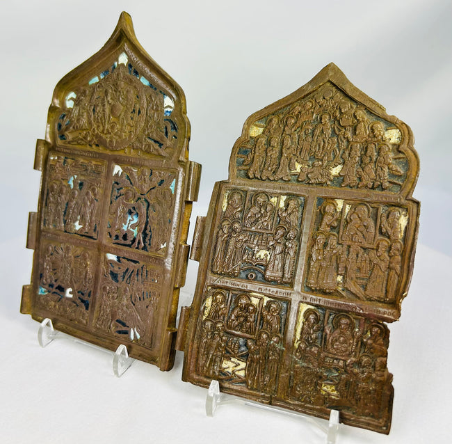 Antique Russian Orthodox traveling prayer icons with detailed religious imagery