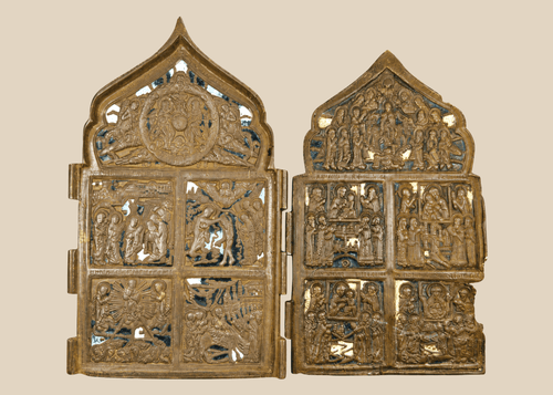 Antique Russian Orthodox bronze traveling icons with cathedral-arched tops, 18th–19th century
