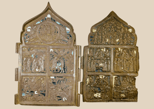 Lot de deux icônes itinérantes orthodoxes russes antiques en bronze, XVIIIe-XIXe siècle