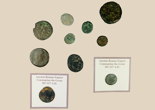 Ancient Roman coin of Constantine the Great showing imperial bust with aged patina