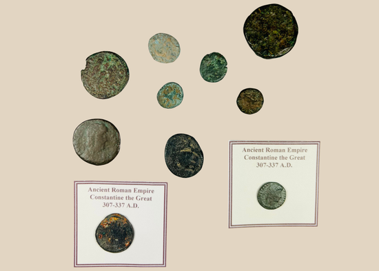 Ancient Roman coin of Constantine the Great showing imperial bust with aged patina