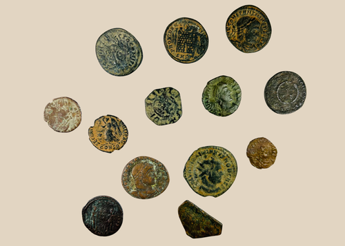 Ancient Roman coin obverse showing emperor portrait with aged patina