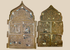 Antique Russian Orthodox bronze traveling icons with cathedral-arched tops, 18th–19th century