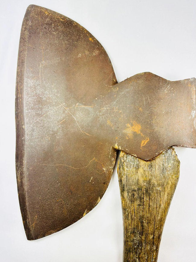 Antique American broadhead axe, 19th-century forged steel woodman’s tool, flat reverse head, M.H. Jones &amp; Co.