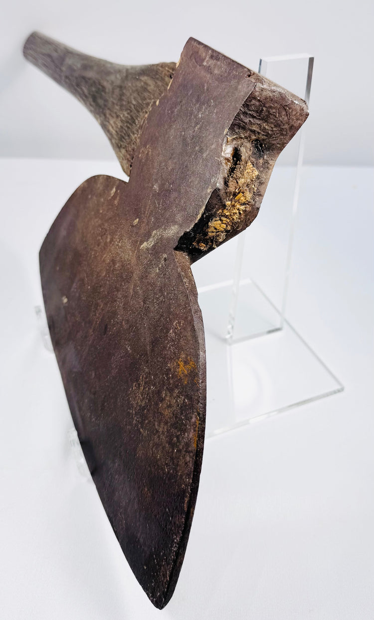 Reverse full-length view of an antique American broadhead axe showing the original wooden haft and aged steel blade.