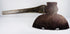Detailed side angle of a 19th-century American broad axe showing the thick poll, blade construction, and wooden handle.