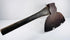 Oblique view of an antique New York broadhead axe showing the blade, handle junction, and forged construction.