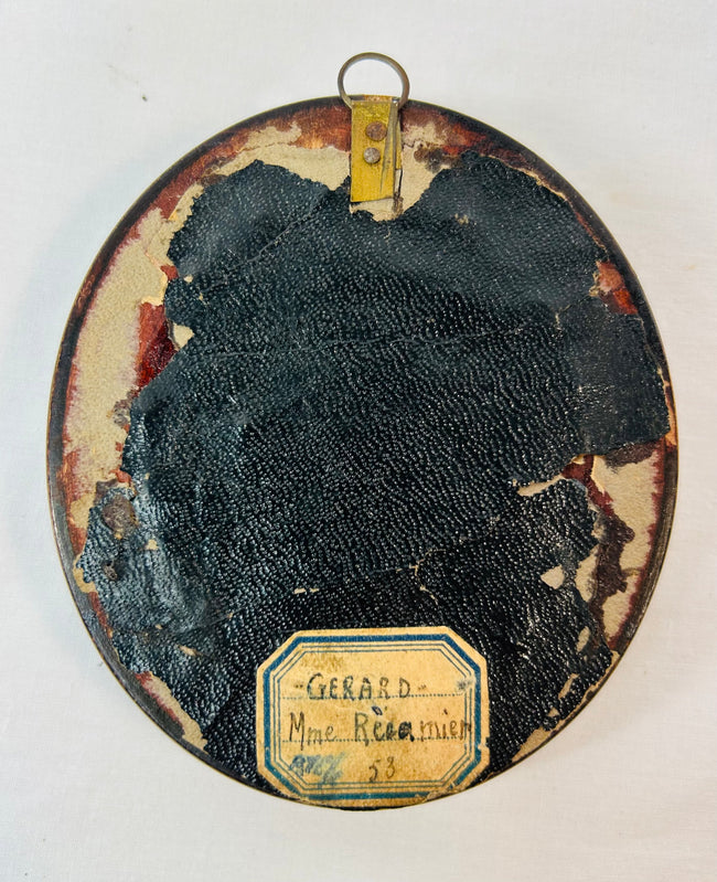 Late 19th century French miniature portrait of Madame Récamier after François Gérard, watercolor on ivorine under convex glass in ebonized frame.
