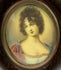 Close-up of gouache miniature painting of Madame Récamier in Empire gown under convex glass