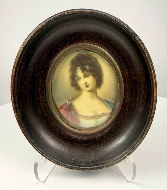 Frontal shot of oval ebonized frame containing rare 19th century Madame Récamier miniature