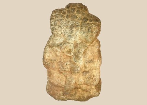 Majapahit three-faced Brahma stone sculpture, 14th–15th century Java, volcanic andesite carving from Indonesia, Hindu temple art with museum provenance