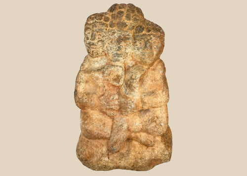 Majapahit three-faced Brahma stone sculpture, 14th–15th century Java, volcanic andesite carving from Indonesia, Hindu temple art with museum provenance