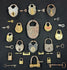 Antique padlocks and skeleton keys arranged in decorative shadow box