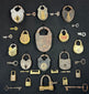 Antique padlocks and skeleton keys arranged in decorative shadow box
