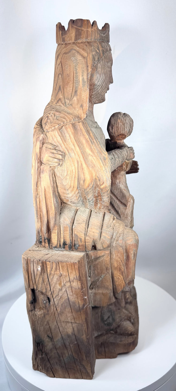 Architectural-style ecclesiastical wood carving with medieval-inspired Christian iconography