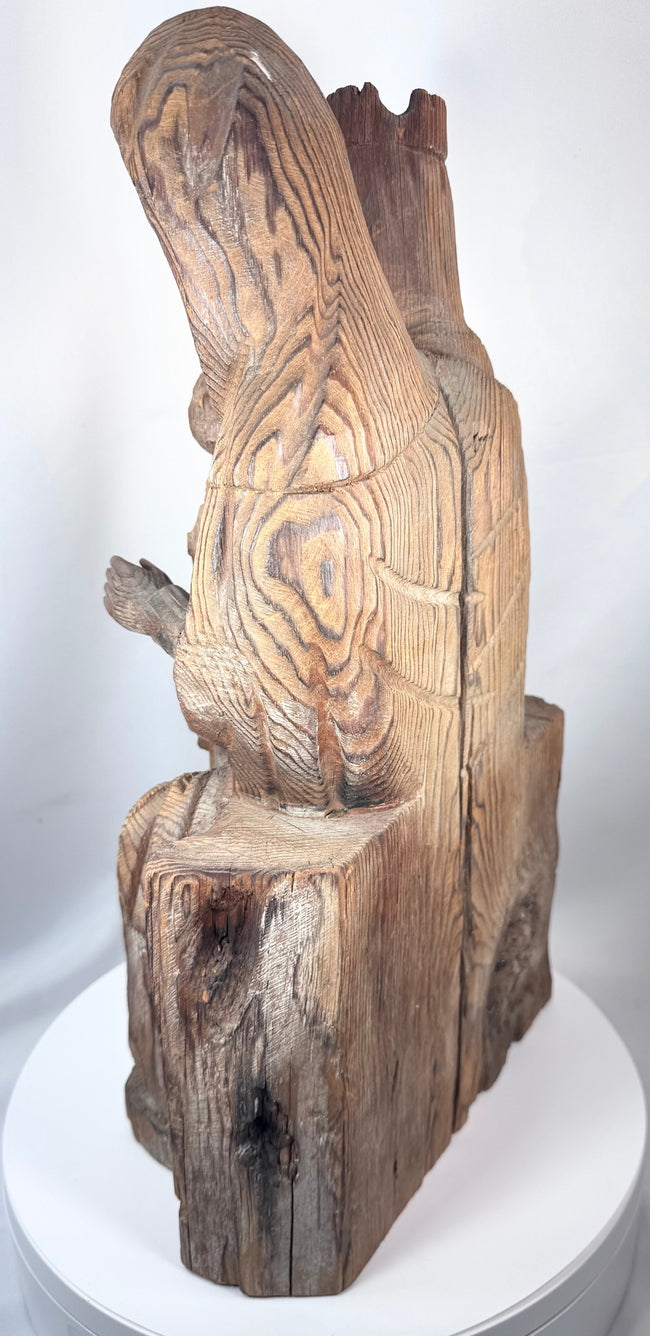 Early 20th century carved wooden religious sculpture with crowned Madonna and Christ Child