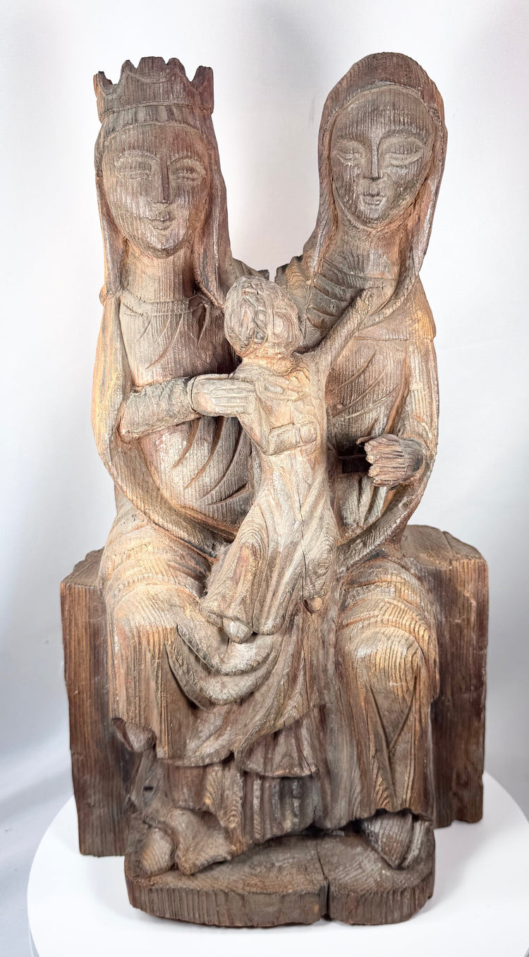 Antique carved wooden Christian devotional group sculpture with Virgin Mary, Saint Anne, and Jesus