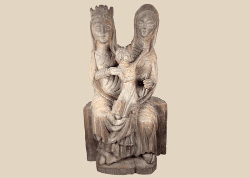 Hand-carved European wooden sculpture depicting the Virgin Mary, Saint Anne, and the Christ Child in Gothic Revival style