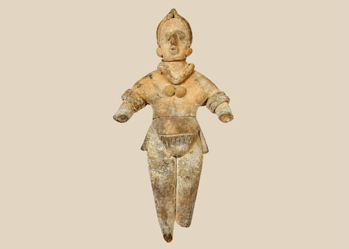 Ancient Pre-Columbian terracotta figurine, circa 300–900 CE, depicting a stylized human figure with detailed jewelry and headdress, shown standing with arms extended.
