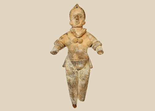 Ancient Pre-Columbian terracotta figurine, circa 300–900 CE, depicting a stylized human figure with detailed jewelry and headdress, shown standing with arms extended.