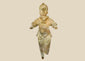 Ancient Pre-Columbian terracotta figurine, circa 300–900 CE, depicting a stylized human figure with detailed jewelry and headdress, shown standing with arms extended.
