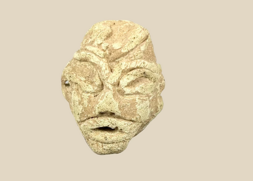 Ancient Mesopotamian carved stone idol head, 2000–800 BCE, Near East votive figure fragment with almond-shaped eyes and broad nose on display stand