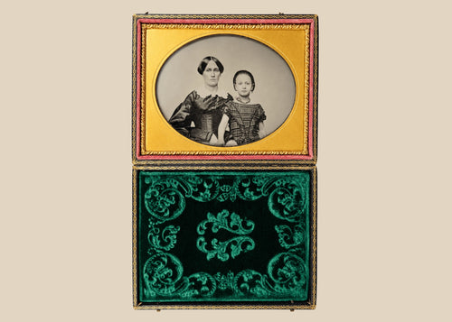 Mid-19th-century cased ambrotype portrait of an adult woman and young child with gilt-brass mat and green velvet lining