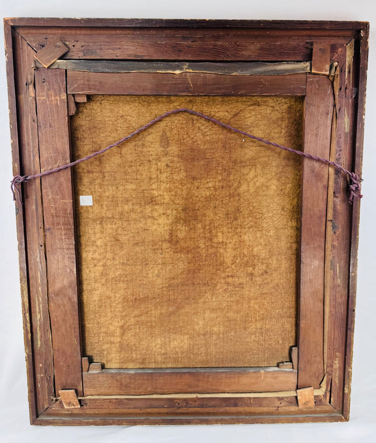 Back view of the Victorian portrait showing the original canvas, wooden stretcher, and aged frame
