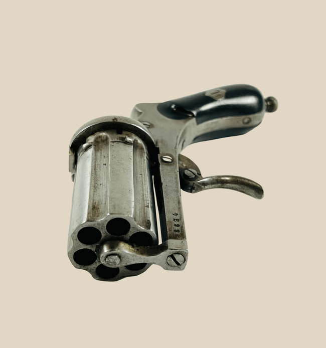 Mid-19th century Meyers Pepperbox Pinfire Revolver, double-action multi-barrel design with folding trigger, left-side loading gate, wood grip panels, marked with Belgian Liège proof stamps, compact 4.5-inch antique firearm, circa 1860, collectible historical weapon