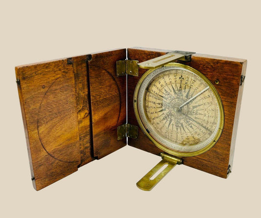 Mid-19th century British alidade compass in walnut case, silvered degree ring, and paper label, crafted by Thomas Jones of Liverpool, 6.1 x 6.1 inches closed, used for surveying and navigation.