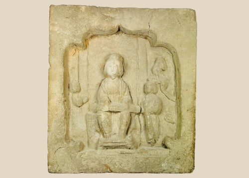 Ming Dynasty clay relief brick from China, 1368–1644, depicting a noblewoman playing a musical instrument with two maidservants. Rectangular brick with finely carved figures, natural patina, and detailed relief illustrating aristocratic life, music, and Ming artistic ideals of refinement and domestic ritual.
