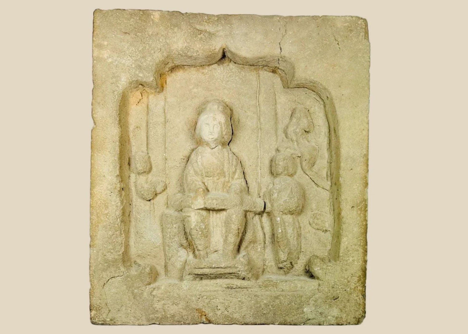 Ming Dynasty clay relief brick from China, 1368–1644, depicting a noblewoman playing a musical instrument with two maidservants. Rectangular brick with finely carved figures, natural patina, and detailed relief illustrating aristocratic life, music, and Ming artistic ideals of refinement and domestic ritual.