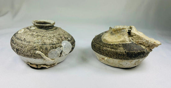Pair of Ming dynasty discoid stoneware jarlets recovered from a Philippine shipwreck, 15th–16th century CE. Partial brown glaze with barnacle and mussel encrustations. One jarlet bears National Museum of the Philippines label. Excellent maritime provenance and well-preserved condition.