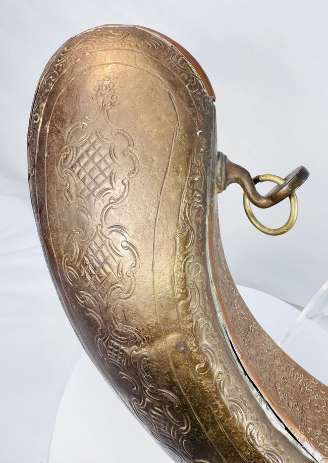 Antique Islamic metalwork powder horn engraved on the front and reverse