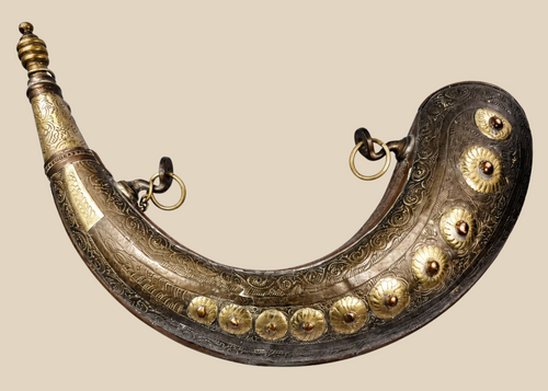 Antique Moroccan brass powder horn with crescent-shaped body and engraved floral decoration