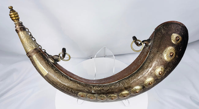 Large Moroccan powder horn with arabesque engraving, chain, and turned cap