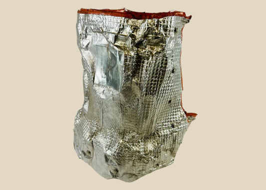 Flown NASA Space Shuttle insulation panel made of fibrous silica batting, stamped April 1983 with serial number and manufacturer code, used in shuttle thermal protection system, approximately 11 x 10 inches.