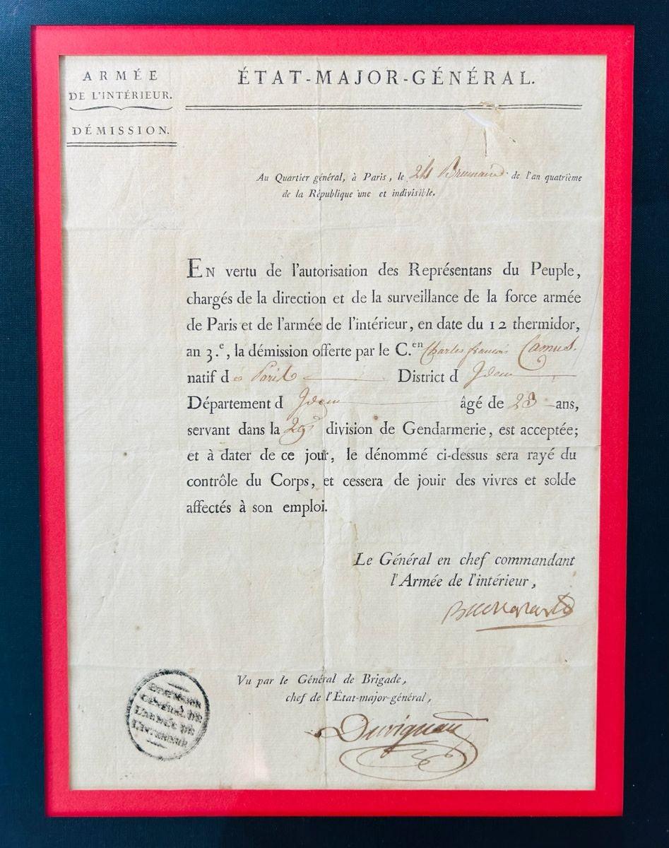1795 signed letter by Napoleon Bonaparte, written as “Buonaparte,” showcasing his early military correspondence as Commander-in-Chief, with clear ink signature and official French seal.
