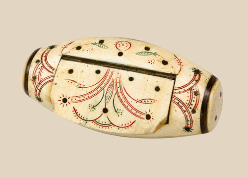 Antique Napoleonic prisoner-of-war snuff box, carved bone with red and green ink floral designs, domed lid, circa 1793–1815.