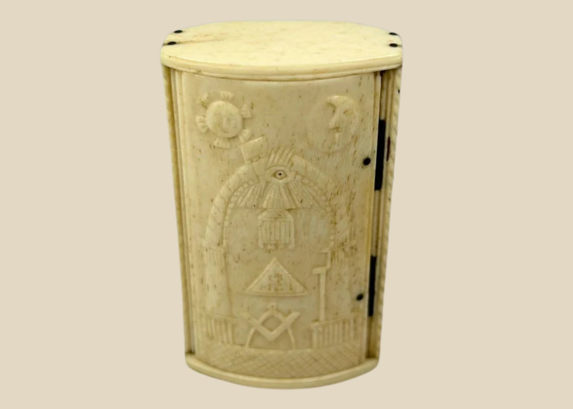 Antique Napoleonic Wars snuff box, hand-carved bone with Masonic symbols including Square and Compasses, All-Seeing Eye, Sun and Moon, crafted by French POWs in Britain circa 1795–1815.