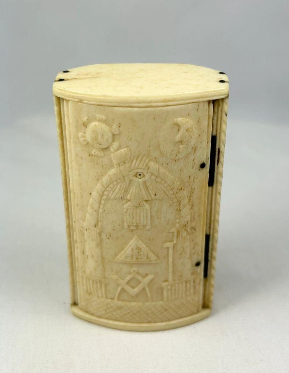 Antique Napoleonic Wars snuff box, hand-carved bone with Masonic symbols including Square and Compasses, All-Seeing Eye, Sun and Moon, crafted by French POWs in Britain circa 1795–1815.